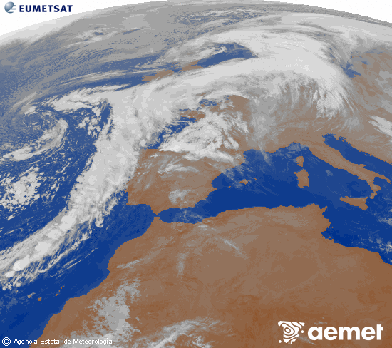 Imagen de la zona de Europa y Norte de frica del canal infrarrojo del satlite Meteosat operacional en 0N 0W, procesada para darle color. Wednesday, 12 November  2025 08:00