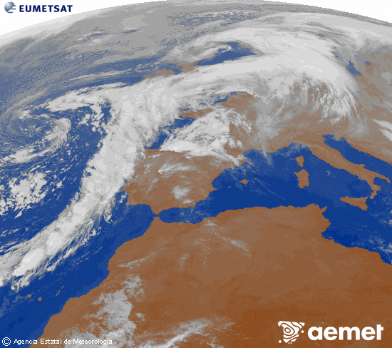 Imagen de la zona de Europa y Norte de frica del canal infrarrojo del satlite Meteosat operacional en 0N 0W, procesada para darle color. Wednesday, 12 November  2025 09:00