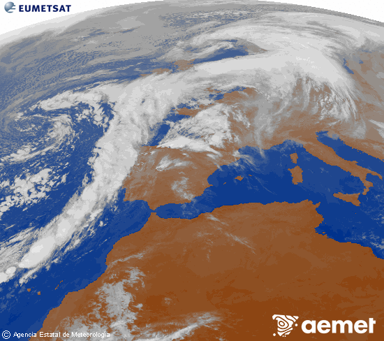 Imagen de la zona de Europa y Norte de frica del canal infrarrojo del satlite Meteosat operacional en 0N 0W, procesada para darle color. Wednesday, 12 November  2025 10:00