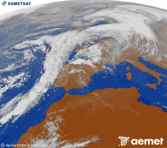 Imagen de la zona de Europa y Norte de frica del canal infrarrojo del satlite Meteosat operacional en 0N 0W, procesada para darle color. Wednesday, 12 November  2025 11:00