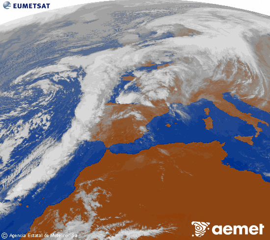 Imagen de la zona de Europa y Norte de frica del canal infrarrojo del satlite Meteosat operacional en 0N 0W, procesada para darle color. Wednesday, 12 November  2025 13:00