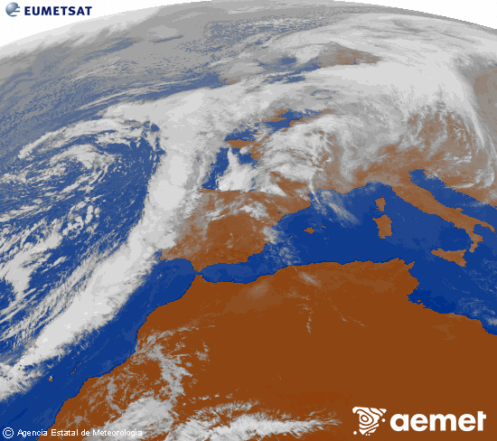 Imagen de la zona de Europa y Norte de frica del canal infrarrojo del satlite Meteosat operacional en 0N 0W, procesada para darle color. Wednesday, 12 November  2025 14:00