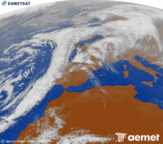 Imagen de la zona de Europa y Norte de frica del canal infrarrojo del satlite Meteosat operacional en 0N 0W, procesada para darle color. Wednesday, 12 November  2025 15:00