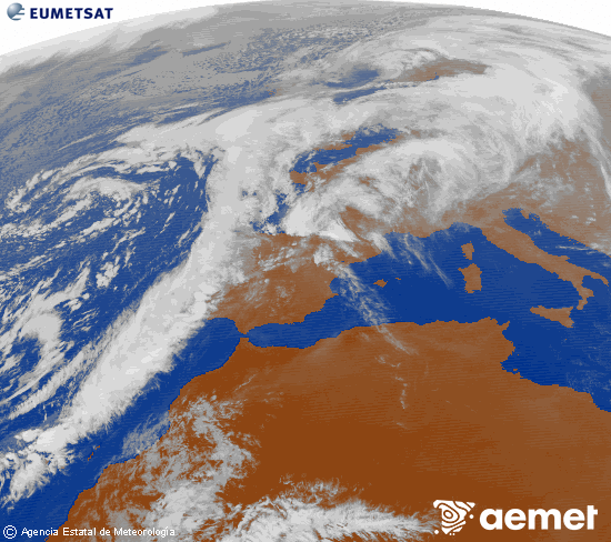 Imagen de la zona de Europa y Norte de frica del canal infrarrojo del satlite Meteosat operacional en 0N 0W, procesada para darle color. Wednesday, 12 November  2025 16:00