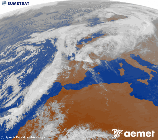 Imagen de la zona de Europa y Norte de frica del canal infrarrojo del satlite Meteosat operacional en 0N 0W, procesada para darle color. Wednesday, 12 November  2025 17:00