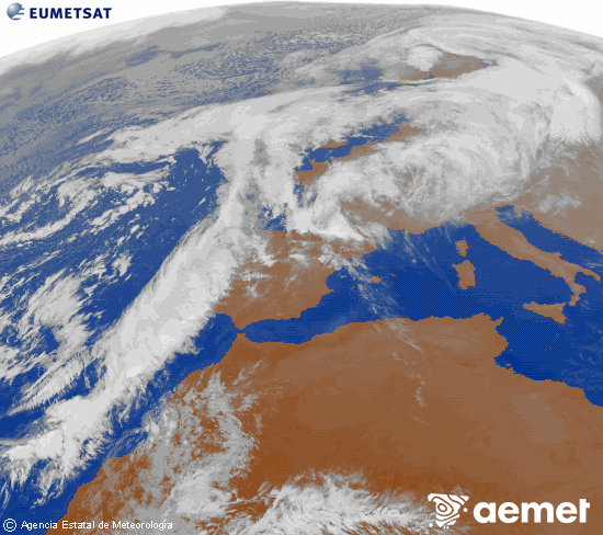 Imagen de la zona de Europa y Norte de frica del canal infrarrojo del satlite Meteosat operacional en 0N 0W, procesada para darle color. Wednesday, 12 November  2025 18:00