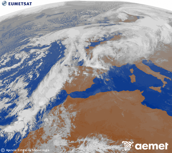 Imagen de la zona de Europa y Norte de frica del canal infrarrojo del satlite Meteosat operacional en 0N 0W, procesada para darle color. Wednesday, 12 November  2025 19:00