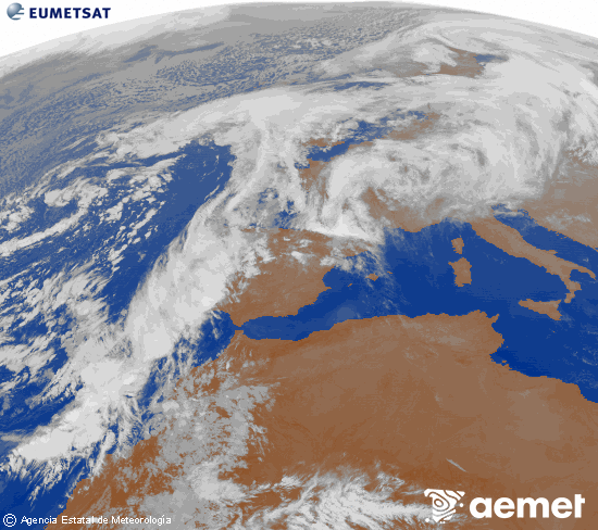 Imagen de la zona de Europa y Norte de frica del canal infrarrojo del satlite Meteosat operacional en 0N 0W, procesada para darle color. Wednesday, 12 November  2025 20:00