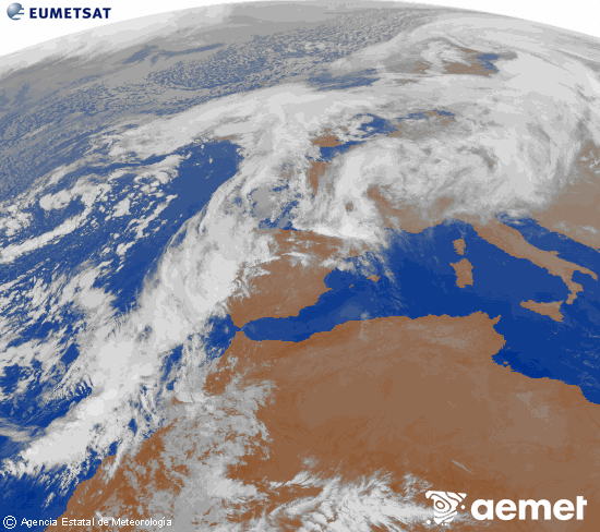 Imagen de la zona de Europa y Norte de frica del canal infrarrojo del satlite Meteosat operacional en 0N 0W, procesada para darle color. Wednesday, 12 November  2025 21:00