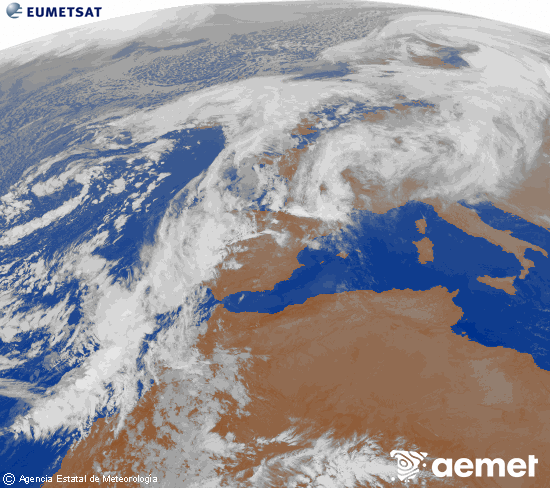 Imagen de la zona de Europa y Norte de frica del canal infrarrojo del satlite Meteosat operacional en 0N 0W, procesada para darle color. Wednesday, 12 November  2025 22:00