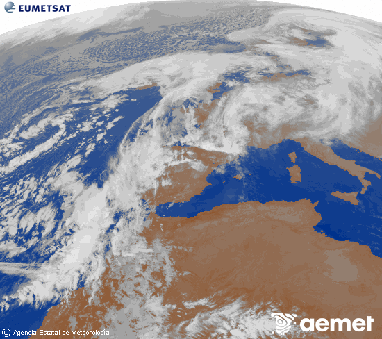 Imagen de la zona de Europa y Norte de frica del canal infrarrojo del satlite Meteosat operacional en 0N 0W, procesada para darle color. Wednesday, 12 November  2025 23:00