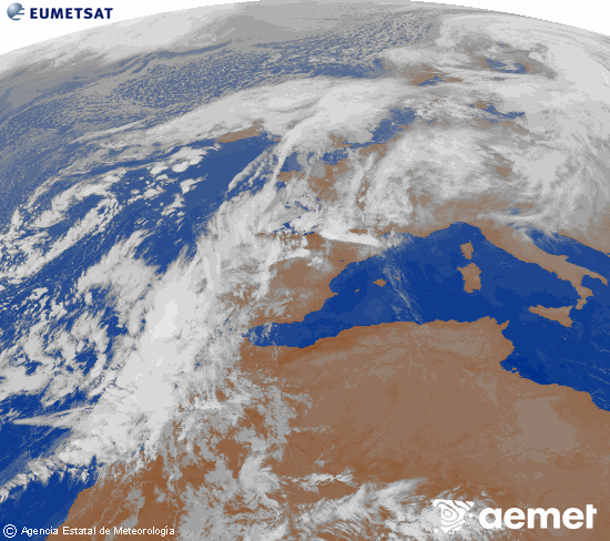 Imagen de la zona de Europa y Norte de frica del canal infrarrojo del satlite Meteosat operacional en 0N 0W, procesada para darle color. Thursday, 13 November  2025 01:00