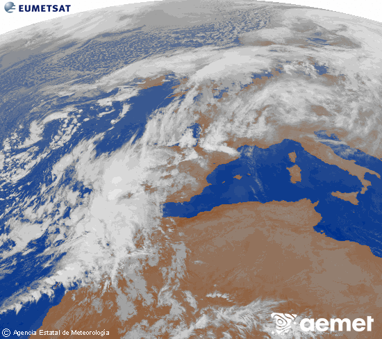 Imagen de la zona de Europa y Norte de frica del canal infrarrojo del satlite Meteosat operacional en 0N 0W, procesada para darle color. Thursday, 13 November  2025 03:00