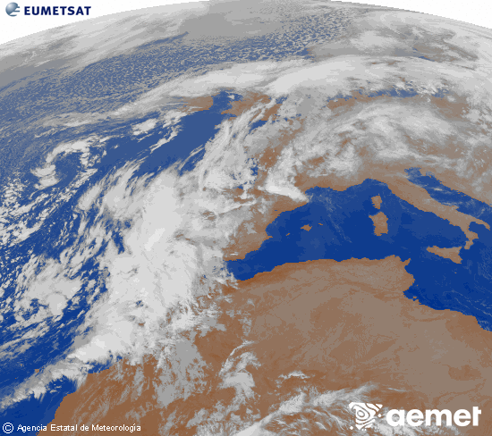 Imagen de la zona de Europa y Norte de frica del canal infrarrojo del satlite Meteosat operacional en 0N 0W, procesada para darle color. Thursday, 13 November  2025 05:00