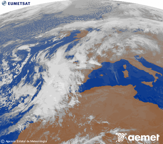 Imagen de la zona de Europa y Norte de frica del canal infrarrojo del satlite Meteosat operacional en 0N 0W, procesada para darle color. jueves, 13 noviembre 2025 a las 08:00