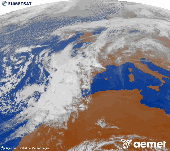 Imagen de la zona de Europa y Norte de frica del canal infrarrojo del satlite Meteosat operacional en 0N 0W, procesada para darle color. jueves, 13 noviembre 2025 a las 10:00