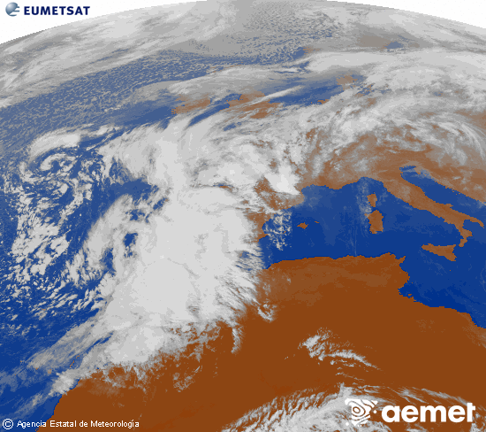 Imagen de la zona de Europa y Norte de frica del canal infrarrojo del satlite Meteosat operacional en 0N 0W, procesada para darle color. jueves, 13 noviembre 2025 a las 14:00