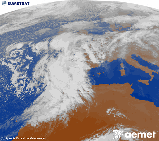 Imagen de la zona de Europa y Norte de frica del canal infrarrojo del satlite Meteosat operacional en 0N 0W, procesada para darle color. jueves, 13 noviembre 2025 a las 17:00