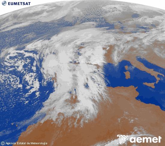 Imagen de la zona de Europa y Norte de frica del canal infrarrojo del satlite Meteosat operacional en 0N 0W, procesada para darle color. jueves, 13 noviembre 2025 a las 22:00