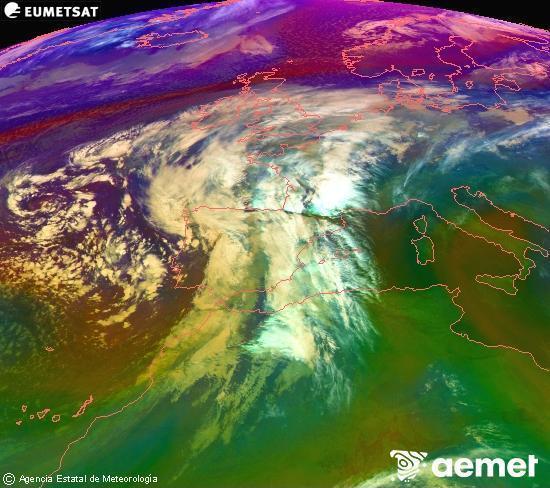 Composicin RGB na que se mesturan varias canles do satlite Meteosat operacional en 0 N 0 W, que nos d unha idea das caractersticas das masas de aire e da nebulosidade. venres, 14 novembro  2025 01:00