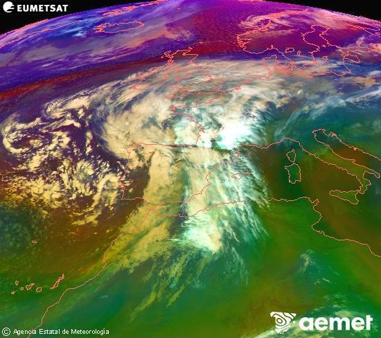 Composicin RGB na que se mesturan varias canles do satlite Meteosat operacional en 0 N 0 W, que nos d unha idea das caractersticas das masas de aire e da nebulosidade. venres, 14 novembro  2025 02:00