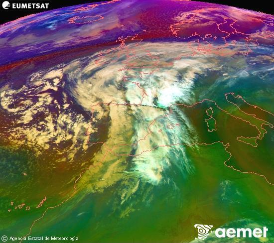 Composicin RGB na que se mesturan varias canles do satlite Meteosat operacional en 0 N 0 W, que nos d unha idea das caractersticas das masas de aire e da nebulosidade. venres, 14 novembro  2025 03:00
