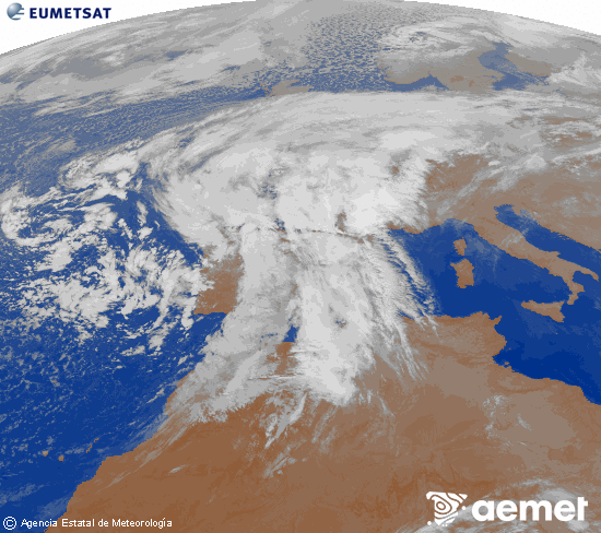 Imagen de la zona de Europa y Norte de frica del canal infrarrojo del satlite Meteosat operacional en 0N 0W, procesada para darle color. viernes, 14 noviembre 2025 a las 03:00