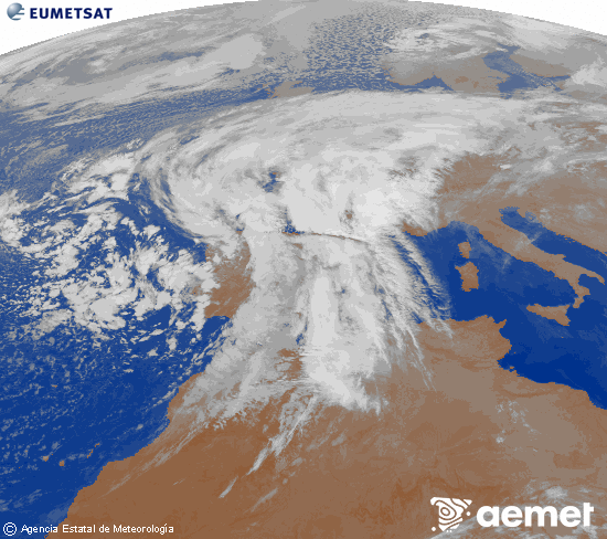 Imagen de la zona de Europa y Norte de frica del canal infrarrojo del satlite Meteosat operacional en 0N 0W, procesada para darle color. viernes, 14 noviembre 2025 a las 04:00