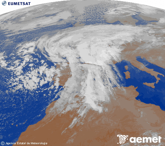 Imagen de la zona de Europa y Norte de frica del canal infrarrojo del satlite Meteosat operacional en 0N 0W, procesada para darle color. viernes, 14 noviembre 2025 a las 05:00