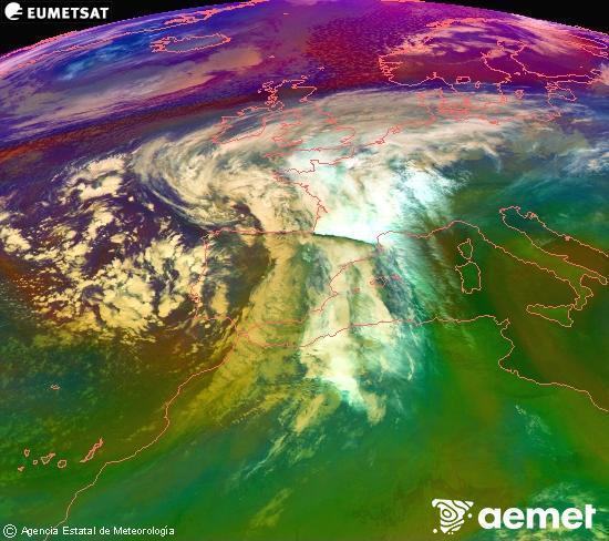 Composicin RGB na que se mesturan varias canles do satlite Meteosat operacional en 0 N 0 W, que nos d unha idea das caractersticas das masas de aire e da nebulosidade. venres, 14 novembro  2025 06:00