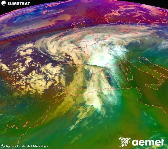 Composicin RGB na que se mesturan varias canles do satlite Meteosat operacional en 0 N 0 W, que nos d unha idea das caractersticas das masas de aire e da nebulosidade. venres, 14 novembro  2025 07:00