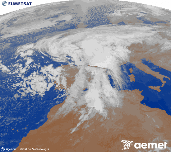 Imagen de la zona de Europa y Norte de frica del canal infrarrojo del satlite Meteosat operacional en 0N 0W, procesada para darle color. viernes, 14 noviembre 2025 a las 07:00