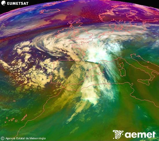 Composicin RGB na que se mesturan varias canles do satlite Meteosat operacional en 0 N 0 W, que nos d unha idea das caractersticas das masas de aire e da nebulosidade. venres, 14 novembro  2025 08:00