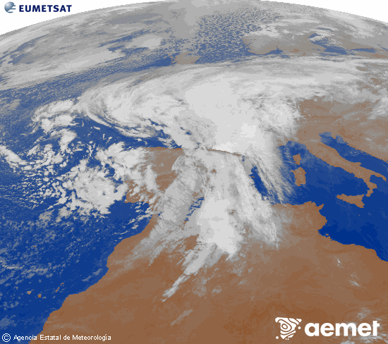 Imagen de la zona de Europa y Norte de frica del canal infrarrojo del satlite Meteosat operacional en 0N 0W, procesada para darle color. viernes, 14 noviembre 2025 a las 08:00