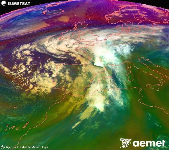 Composicin RGB na que se mesturan varias canles do satlite Meteosat operacional en 0 N 0 W, que nos d unha idea das caractersticas das masas de aire e da nebulosidade. venres, 14 novembro  2025 09:00