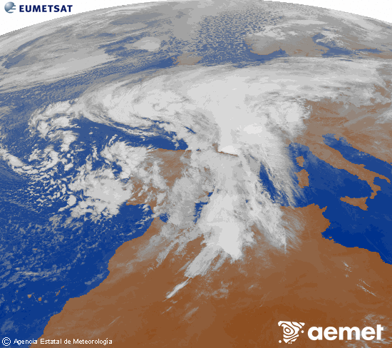 Imagen de la zona de Europa y Norte de frica del canal infrarrojo del satlite Meteosat operacional en 0N 0W, procesada para darle color. viernes, 14 noviembre 2025 a las 09:00