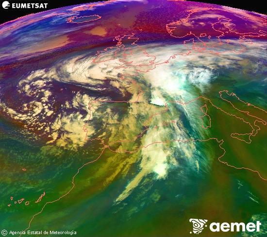 Composicin RGB na que se mesturan varias canles do satlite Meteosat operacional en 0 N 0 W, que nos d unha idea das caractersticas das masas de aire e da nebulosidade. venres, 14 novembro  2025 10:00