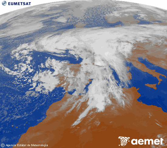 Imagen de la zona de Europa y Norte de frica del canal infrarrojo del satlite Meteosat operacional en 0N 0W, procesada para darle color. vendredi, 14 novembre  2025 10:00