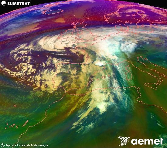 Composicin RGB na que se mesturan varias canles do satlite Meteosat operacional en 0 N 0 W, que nos d unha idea das caractersticas das masas de aire e da nebulosidade. venres, 14 novembro  2025 11:00
