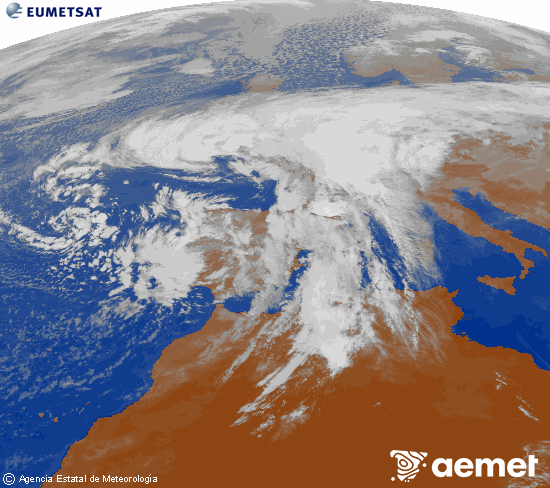 Imagen de la zona de Europa y Norte de frica del canal infrarrojo del satlite Meteosat operacional en 0N 0W, procesada para darle color. vendredi, 14 novembre  2025 11:00