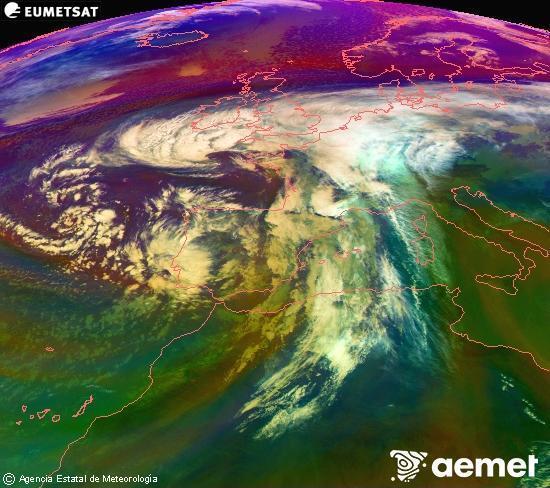 Composicin RGB na que se mesturan varias canles do satlite Meteosat operacional en 0 N 0 W, que nos d unha idea das caractersticas das masas de aire e da nebulosidade. venres, 14 novembro  2025 12:00