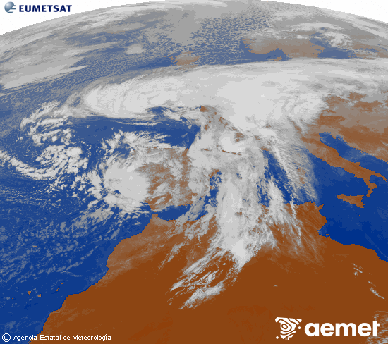 Imagen de la zona de Europa y Norte de frica del canal infrarrojo del satlite Meteosat operacional en 0N 0W, procesada para darle color. vendredi, 14 novembre  2025 12:00