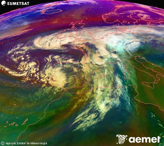 Composicin RGB na que se mesturan varias canles do satlite Meteosat operacional en 0 N 0 W, que nos d unha idea das caractersticas das masas de aire e da nebulosidade. venres, 14 novembro  2025 13:00