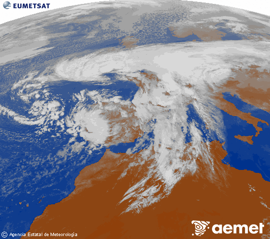 Imagen de la zona de Europa y Norte de frica del canal infrarrojo del satlite Meteosat operacional en 0N 0W, procesada para darle color. vendredi, 14 novembre  2025 13:00
