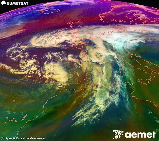 Composicin RGB na que se mesturan varias canles do satlite Meteosat operacional en 0 N 0 W, que nos d unha idea das caractersticas das masas de aire e da nebulosidade. venres, 14 novembro  2025 14:00