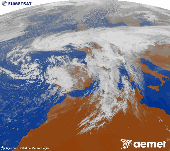 Imagen de la zona de Europa y Norte de frica del canal infrarrojo del satlite Meteosat operacional en 0N 0W, procesada para darle color. vendredi, 14 novembre  2025 14:00