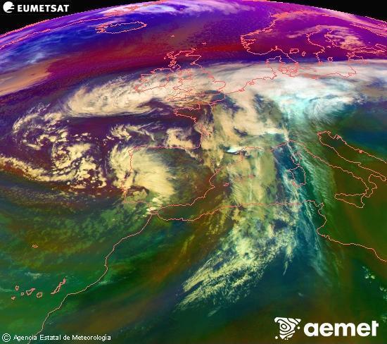 Composicin RGB na que se mesturan varias canles do satlite Meteosat operacional en 0 N 0 W, que nos d unha idea das caractersticas das masas de aire e da nebulosidade. venres, 14 novembro  2025 15:00