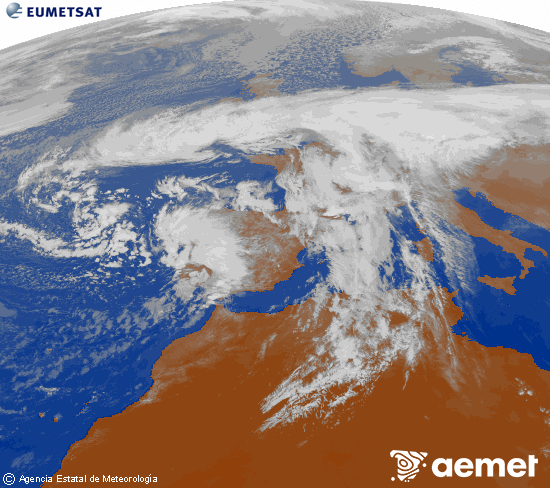 Imagen de la zona de Europa y Norte de frica del canal infrarrojo del satlite Meteosat operacional en 0N 0W, procesada para darle color. vendredi, 14 novembre  2025 15:00