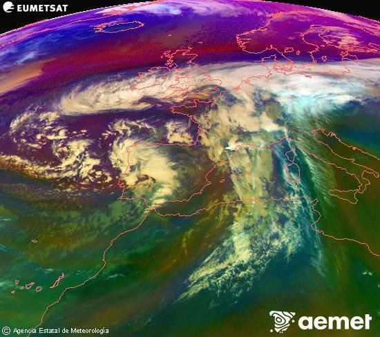 Composicin RGB na que se mesturan varias canles do satlite Meteosat operacional en 0 N 0 W, que nos d unha idea das caractersticas das masas de aire e da nebulosidade. venres, 14 novembro  2025 16:00