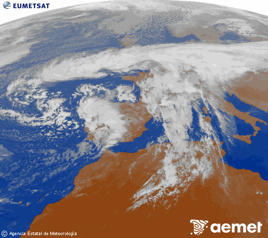 Imagen de la zona de Europa y Norte de frica del canal infrarrojo del satlite Meteosat operacional en 0N 0W, procesada para darle color. vendredi, 14 novembre  2025 16:00